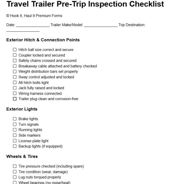 Travel Trailer Pre-Trip Inspection Checklist