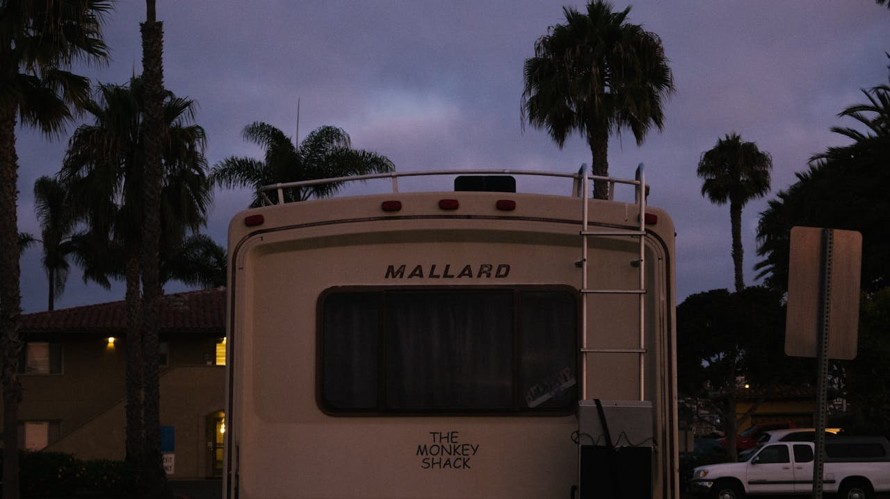 A retro RV parked under palm trees at dusk, capturing a tranquil outdoor scene.